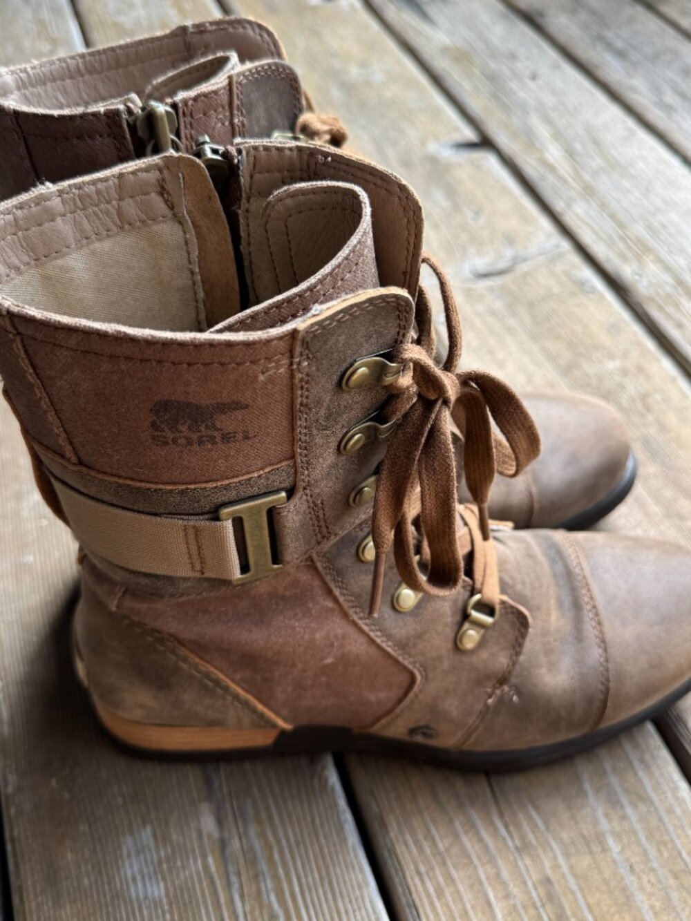 Sorel Major Carly Brown Leather & Canvas Lace Up Side Zip Combat Boots Womens 9 - Picture 16 of 16